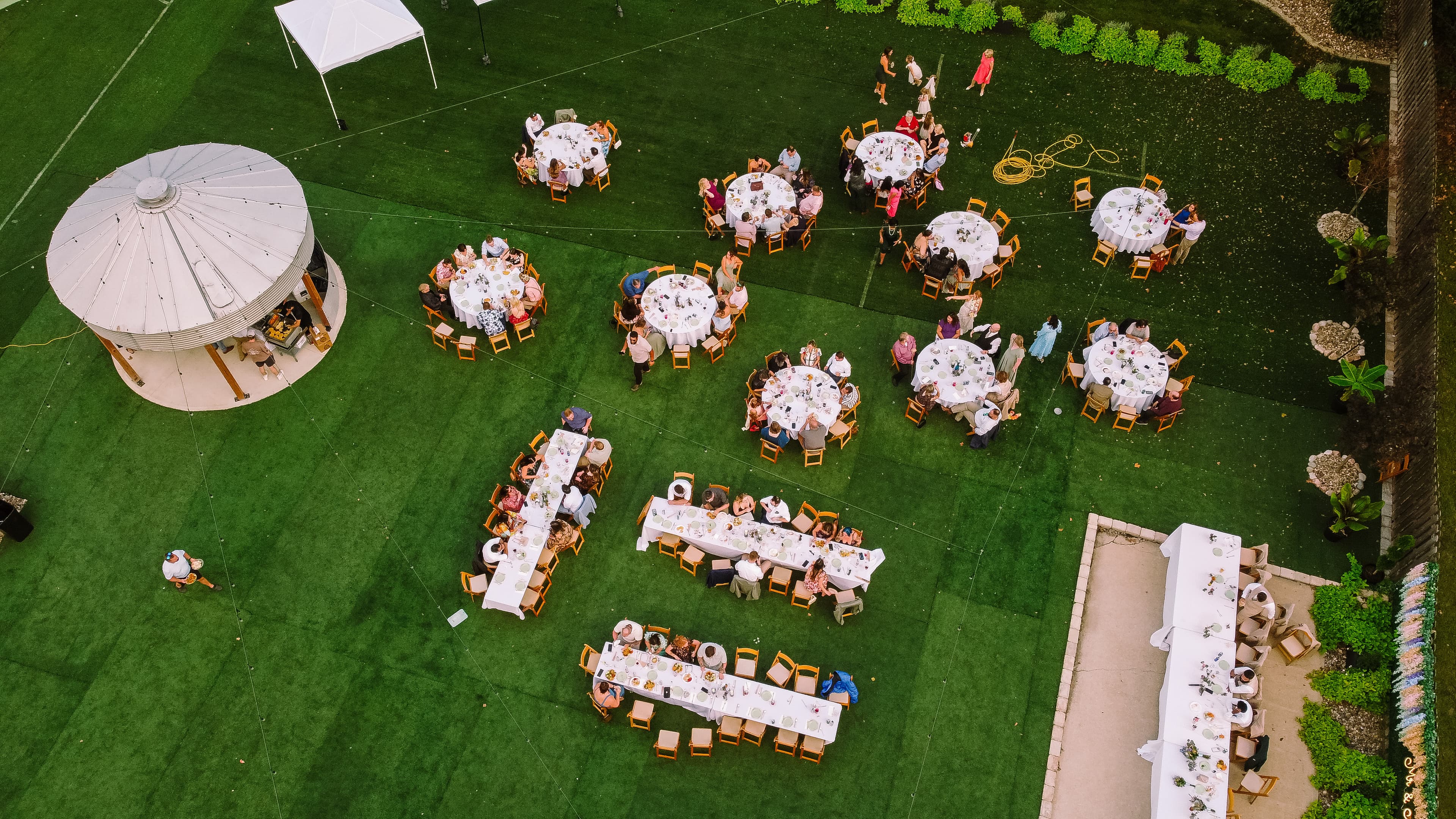 Aerial drone view of outdoor event space at Magnolia View